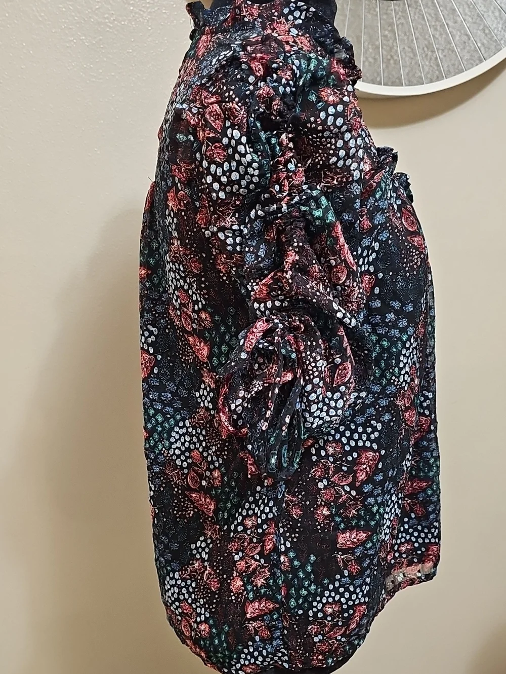 LOFT Black Sheer Floral Ruffle Blouse with Pink & Teal Accents